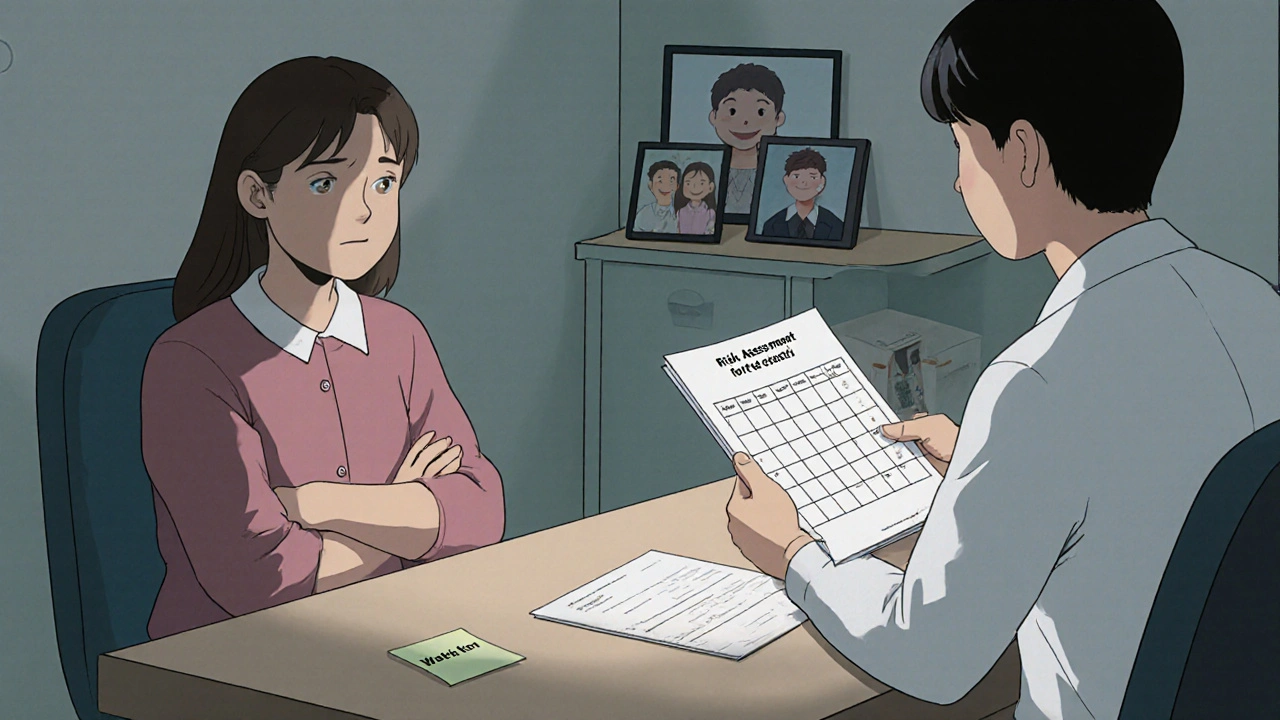 A mother and teen meet with a psychiatrist, discussing medication risks with a weekly check-in calendar visible.