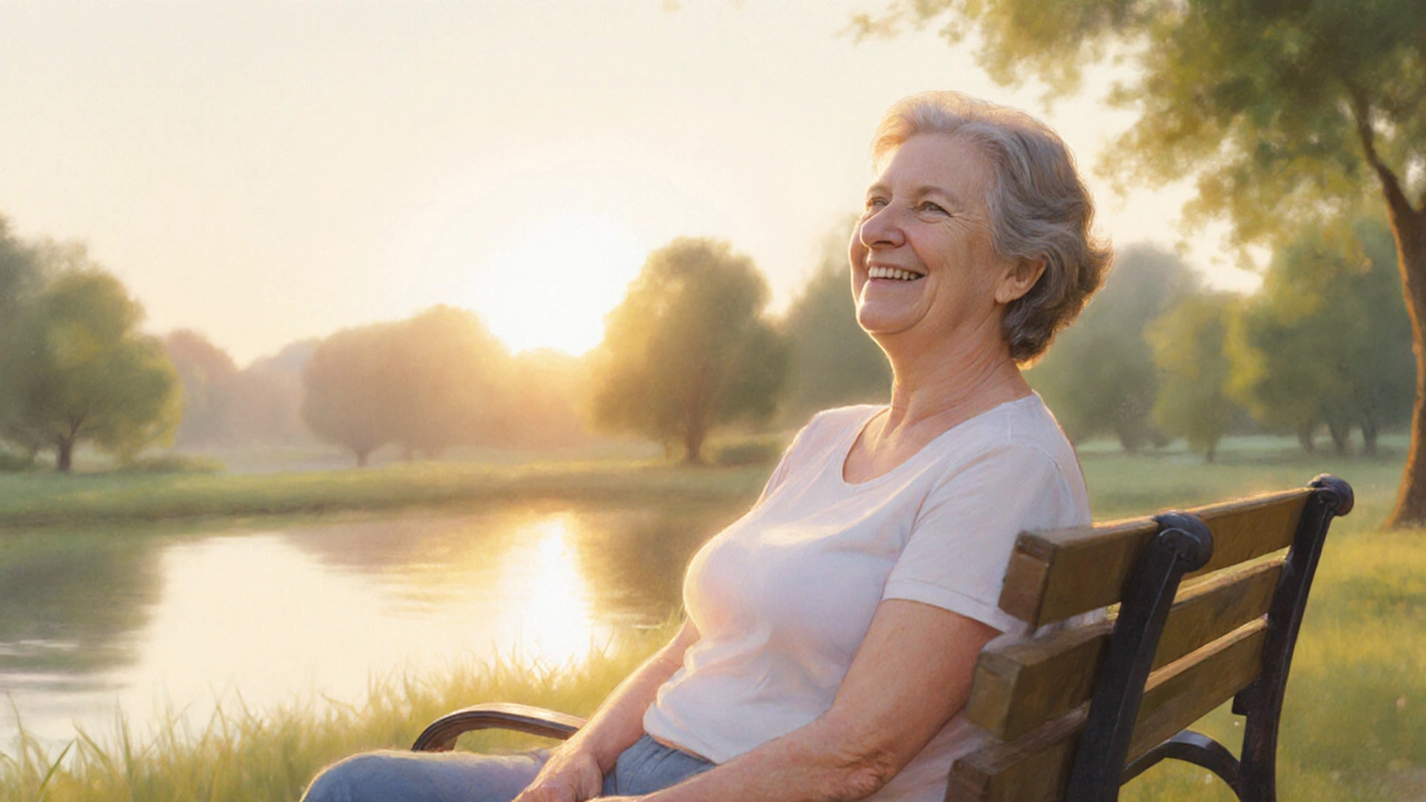 A smiling woman on a park bench with a gentle glow around her abdomen, feeling relief after therapy.