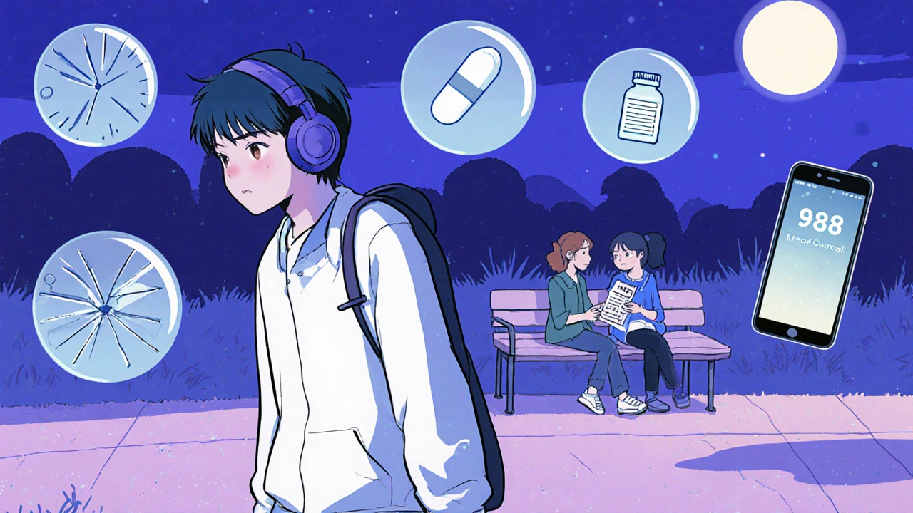 A teen walks home surrounded by symbolic ghosts of medication risks, while adults monitor them from afar.
