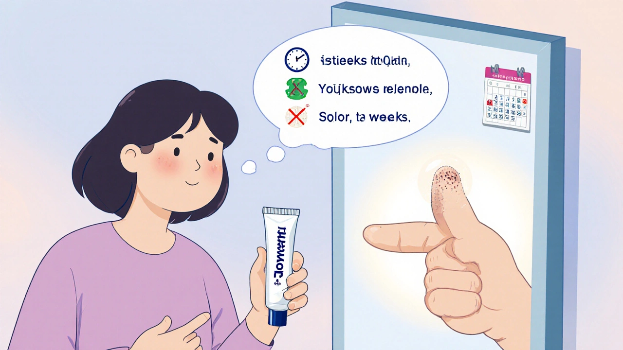 Character looking at healed fingertip after using Podowart, with thought bubbles about speed, sensitivity, and cost.