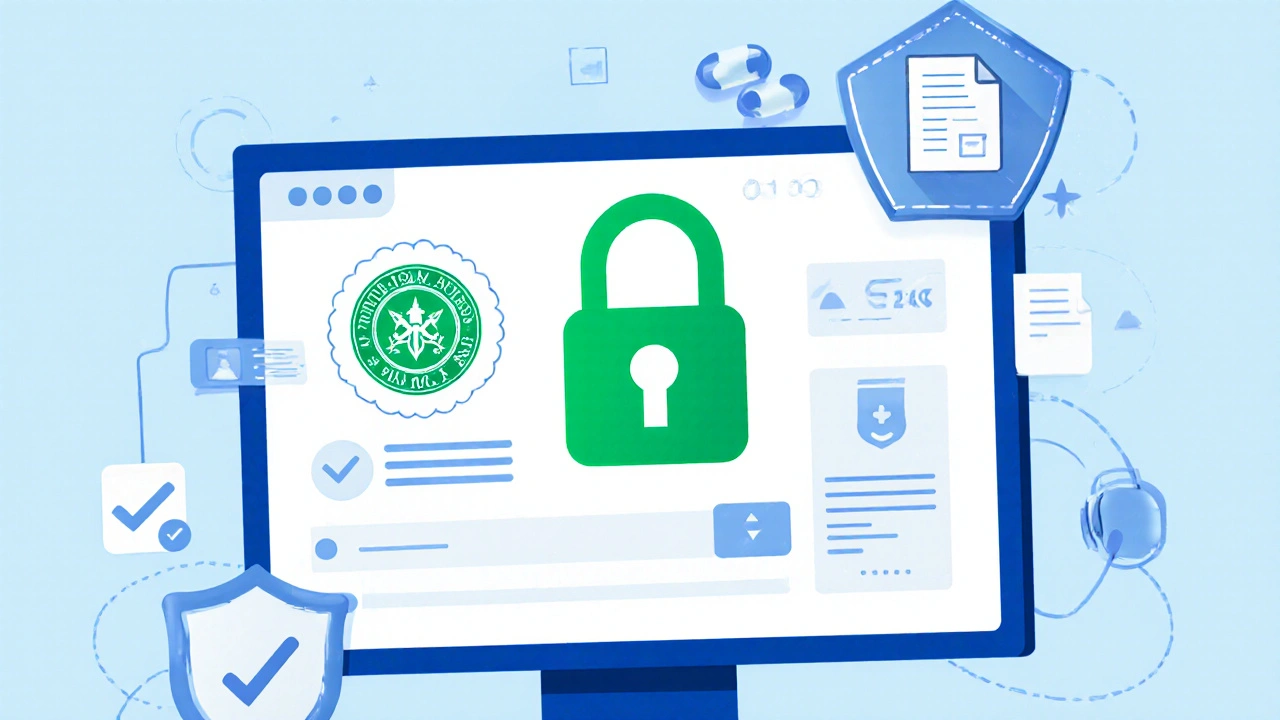 Computer screen showing secure pharmacy login with lock and licensing icons.