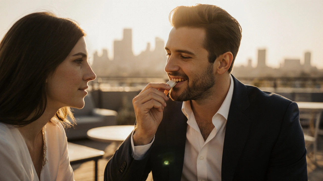 Couple on a rooftop terrace; man discreetly takes a sublingual tablet before intimacy.