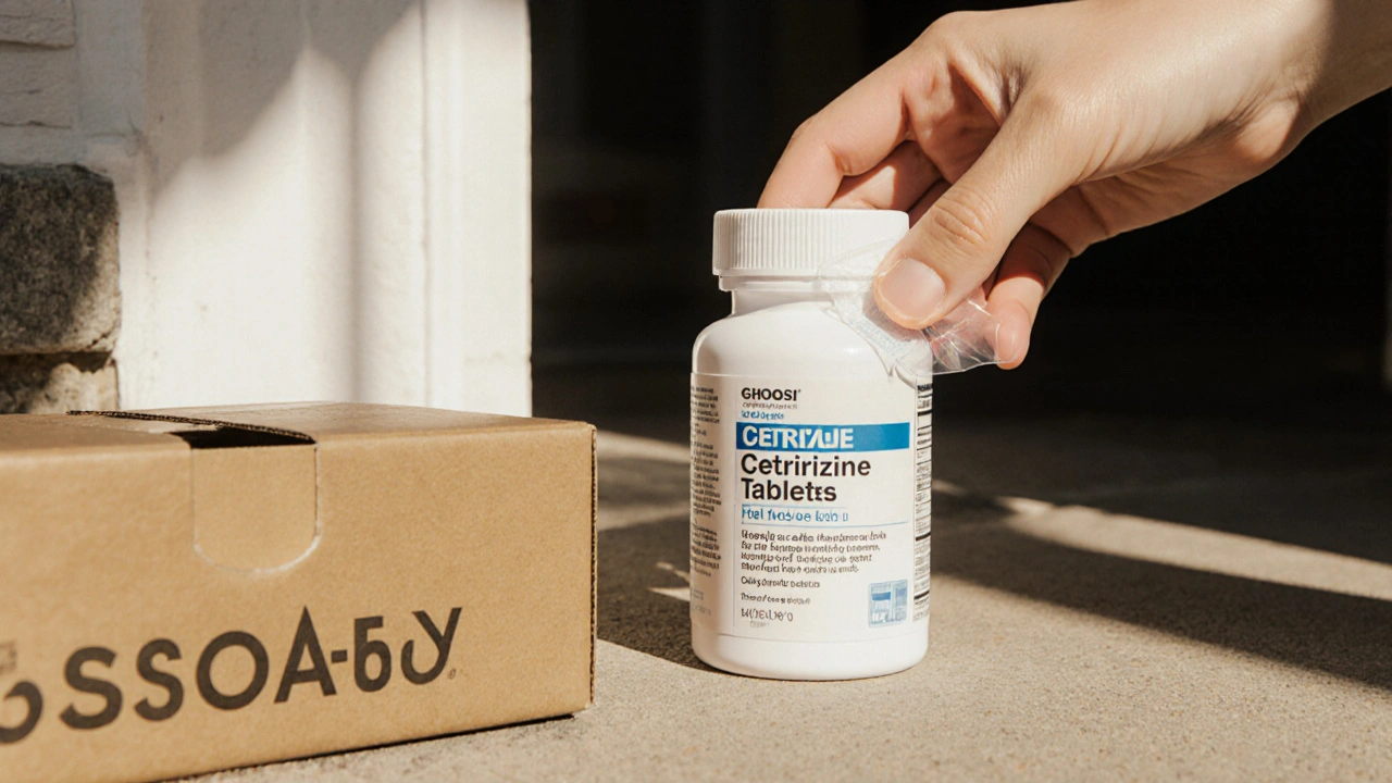 Delivered box open, revealing a bottle of generic Zyrtec with tamper seal.