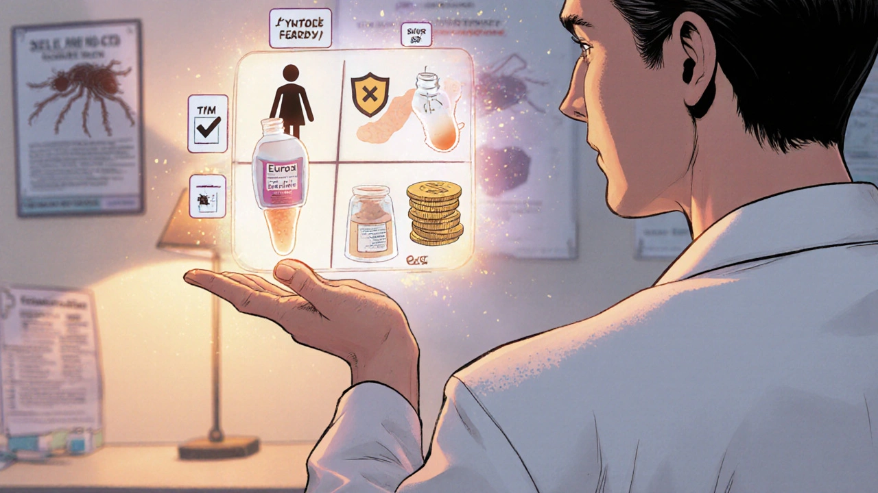 Dermatologist presenting a decision matrix of severity, sensitivity, and cost with treatment icons.