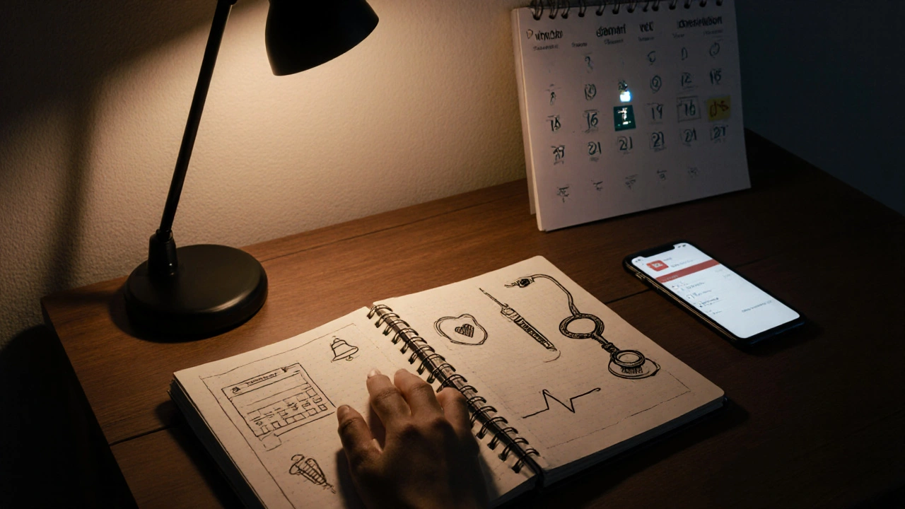 Desk with a checklist notebook, phone reminder, and calendar for health screenings.