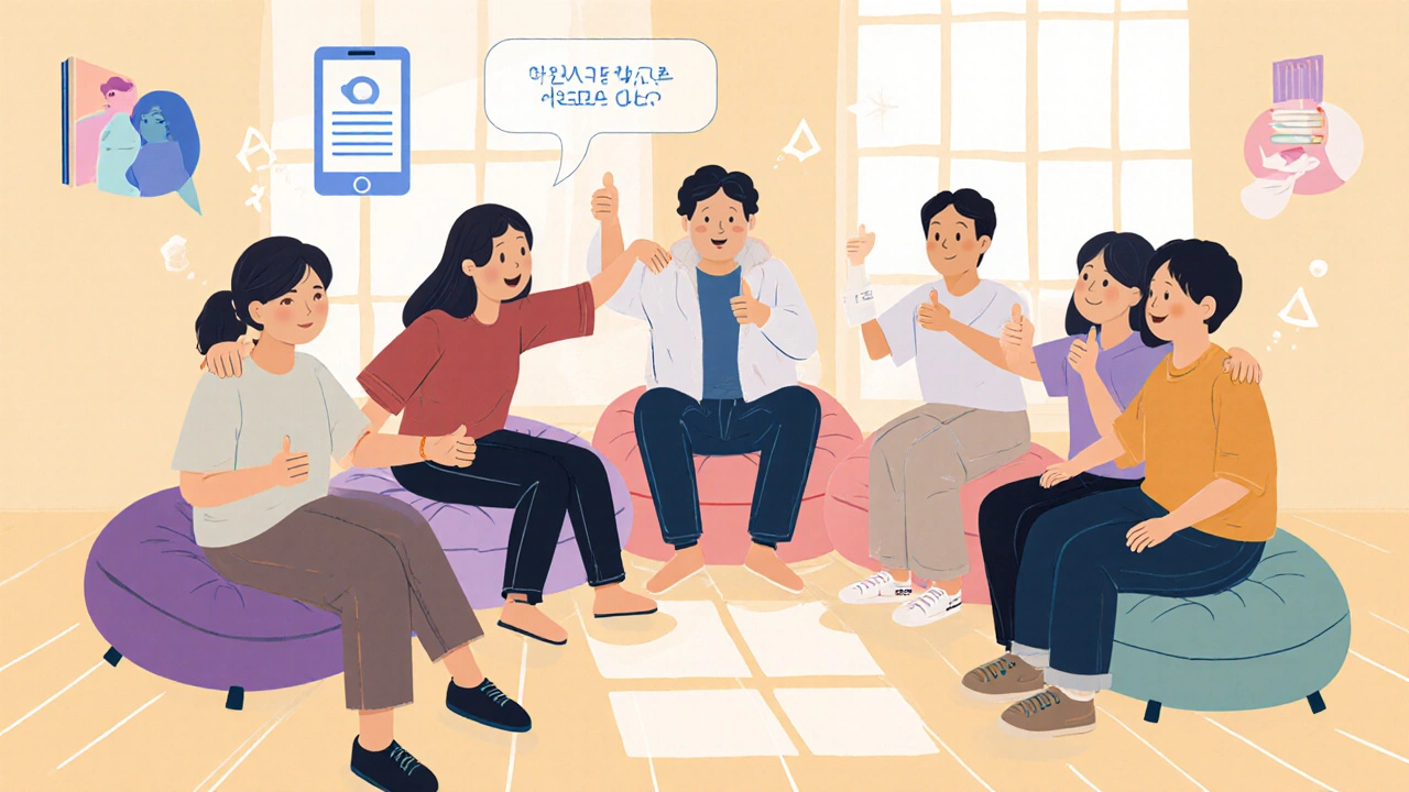 Diverse group of people share support and encouragement in a warm community setting.