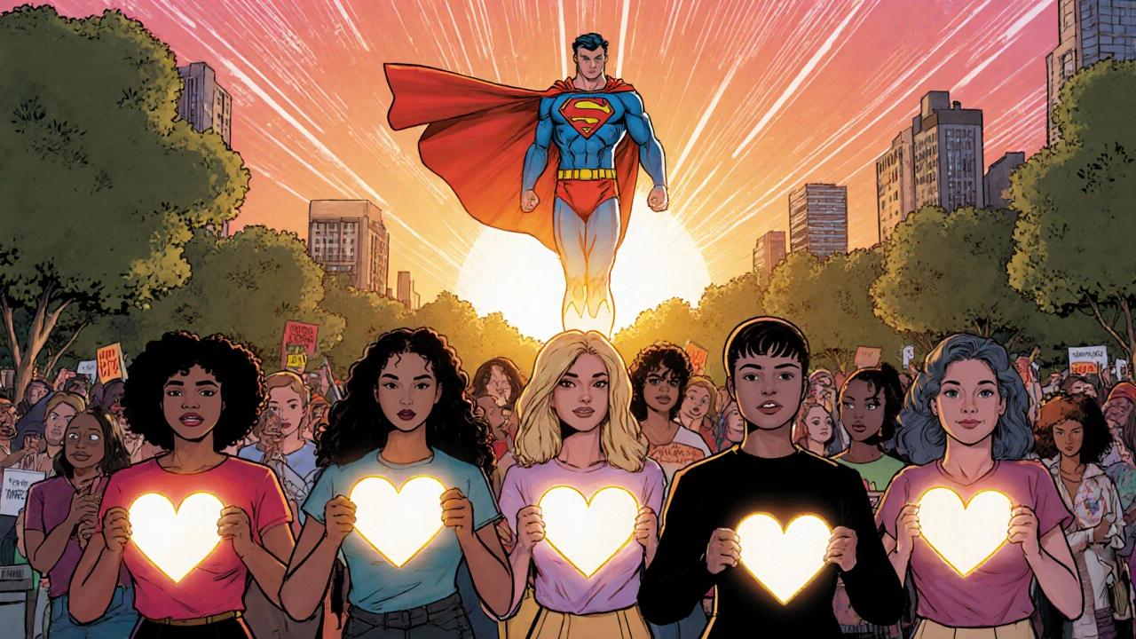 Diverse women rallying with glowing heart‑pill symbols under sunrise sky.