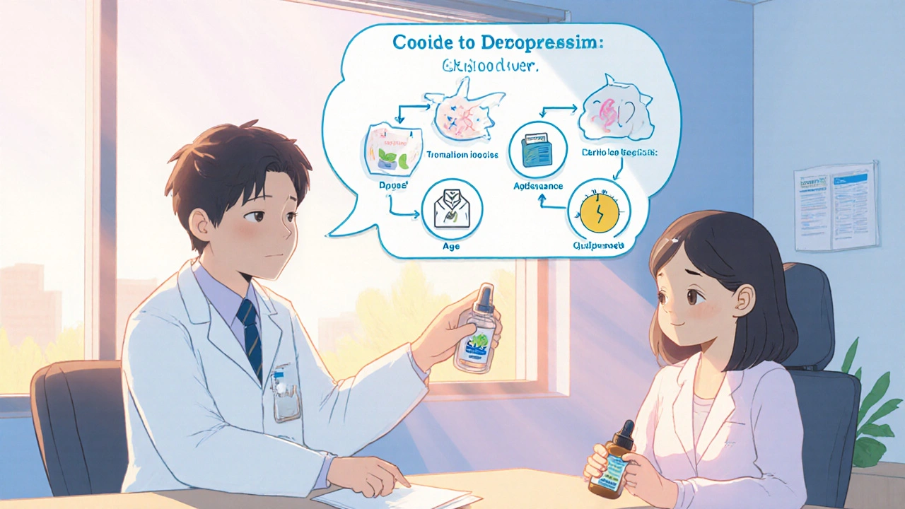 Doctor and patient reviewing a decision flowchart for Desmopressin options.