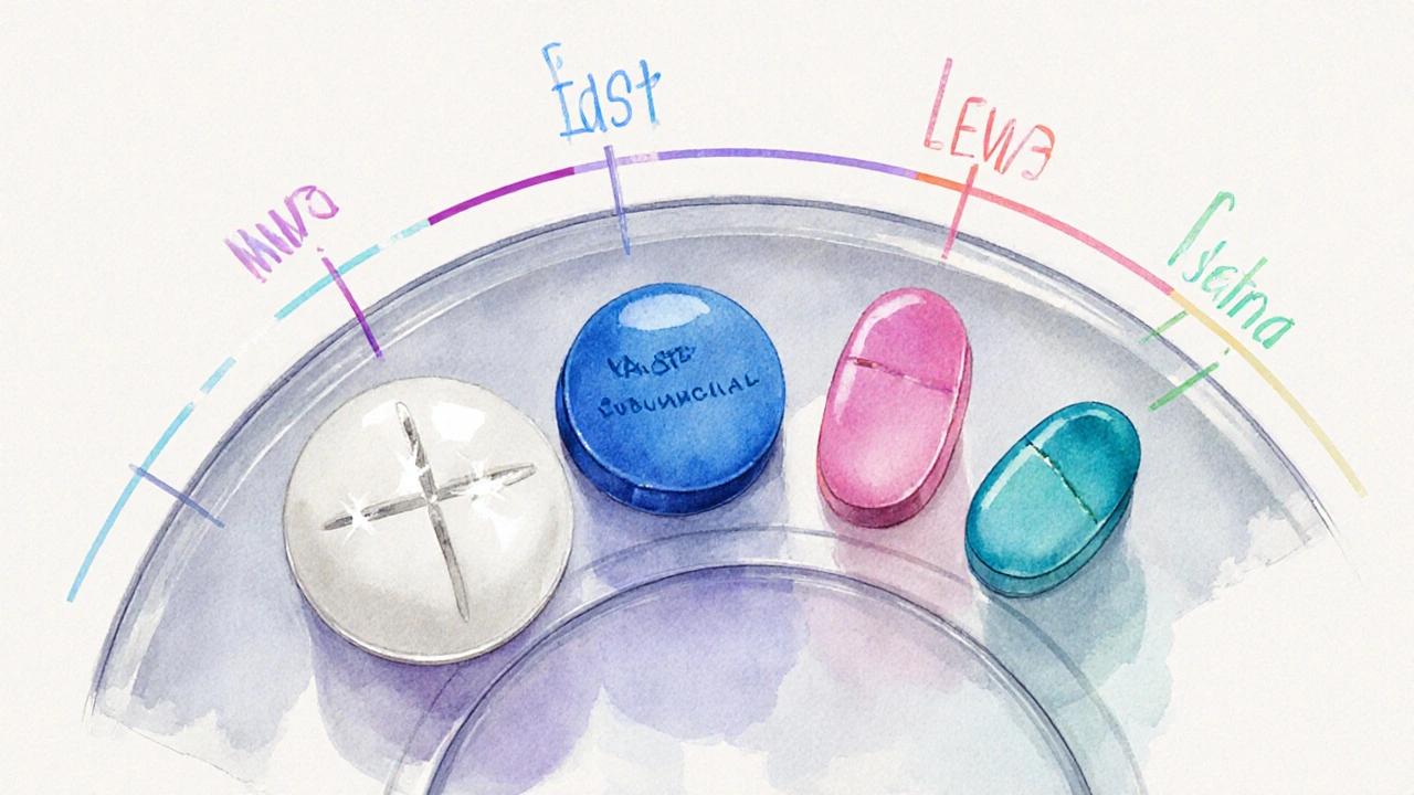 Five different erectile dysfunction pills arranged on a plate with visual speed lines.