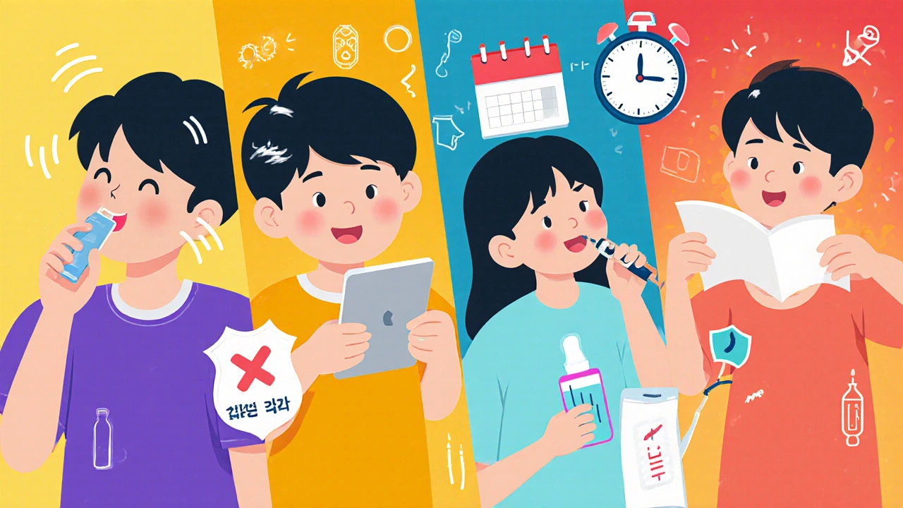 Four panels showing spray, tablet, liquid drops, and injection with icons.