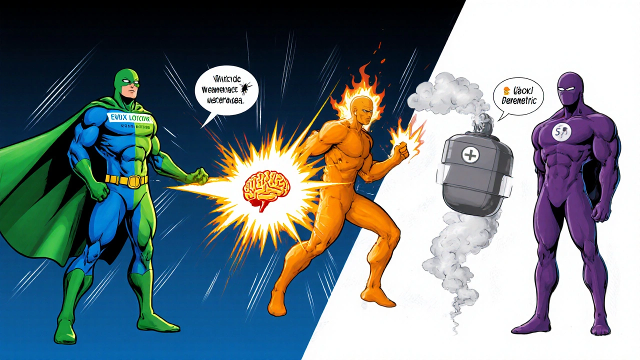Heroic figures representing Eurax, permethrin, benzyl benzoate, sulfur, and ivermectin in action split panel.