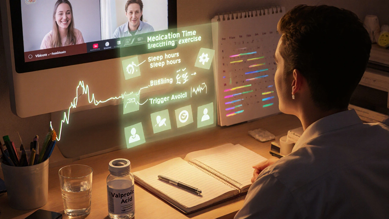 Hopeful scene of a person using medication, breathing exercises, and a floating daily checklist to manage seizures.