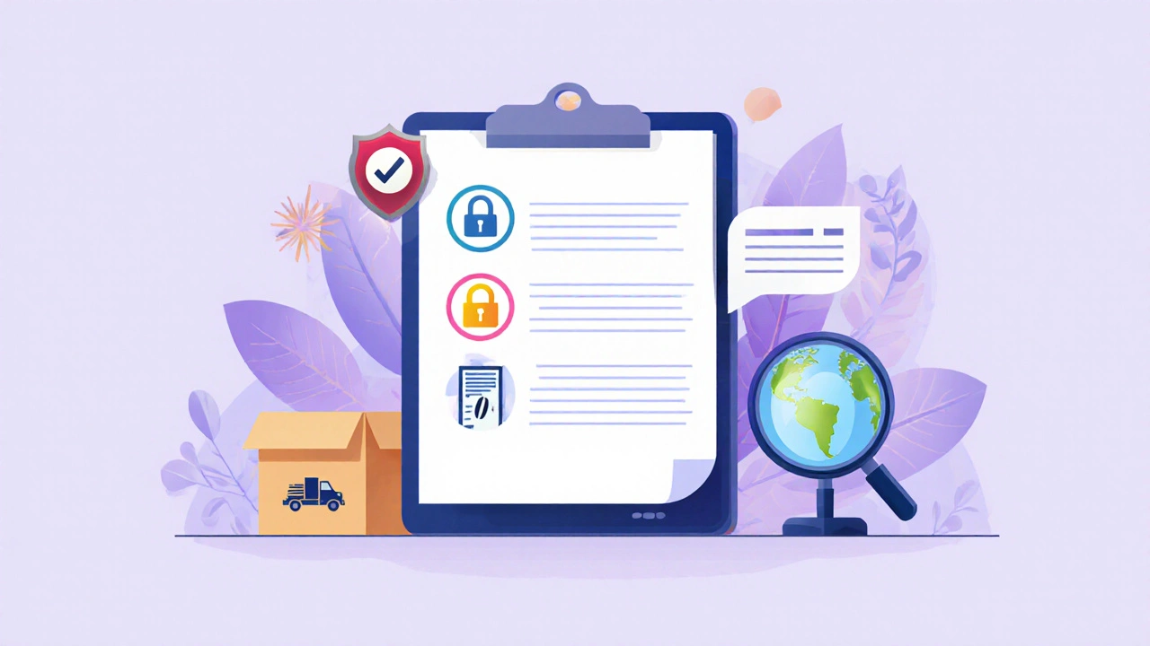 Illustration of a checklist with icons for license, security lock, prescription, and shipping.