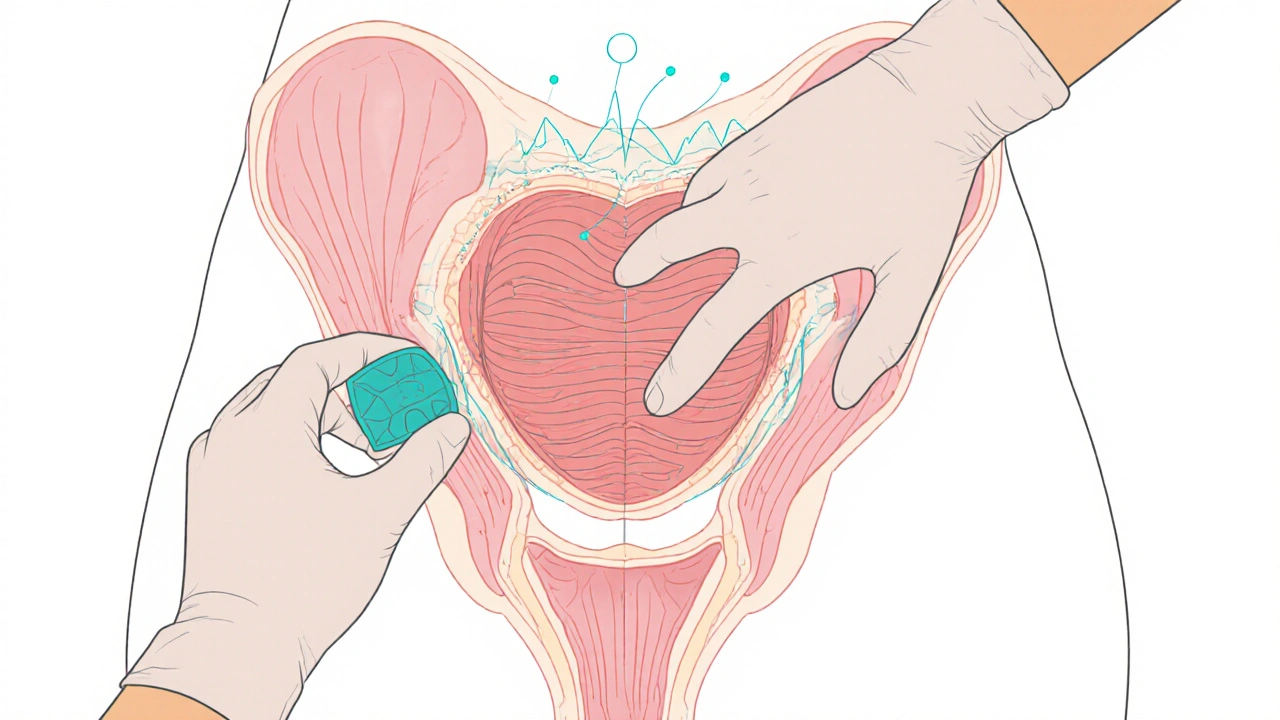 Illustration of pelvic floor muscles with therapist&#039;s hands performing myofascial release and biofeedback sensors.