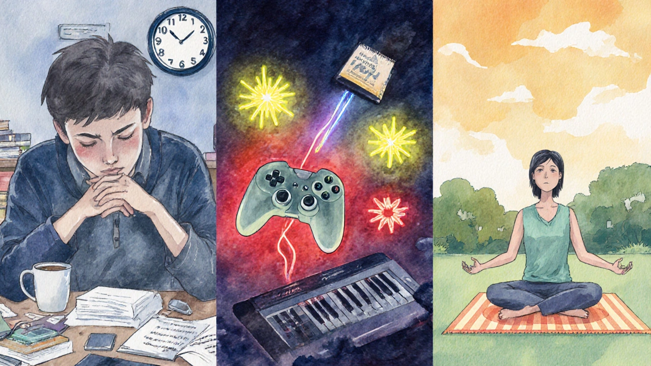 Illustration of seizure triggers like sleep loss, bright lights, and coping activities such as yoga and piano.
