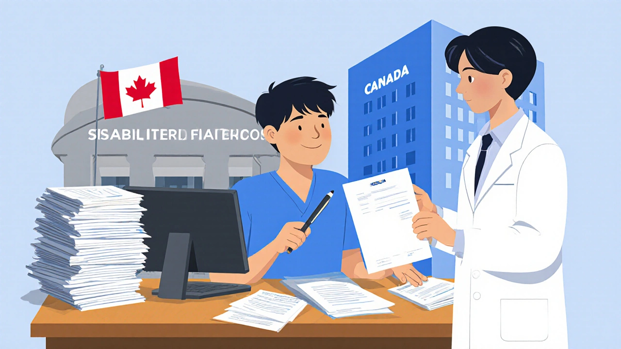 Individual surrounded by medical forms and benefit symbols works on disability applications.
