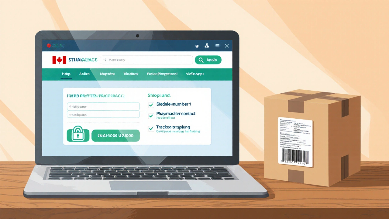 Laptop displaying a secure pharmacy site checklist with a nearby tracked shipping box.