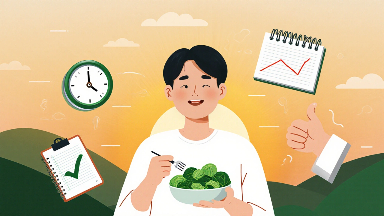 Patient eating consistent spinach salad with stability icons at sunset