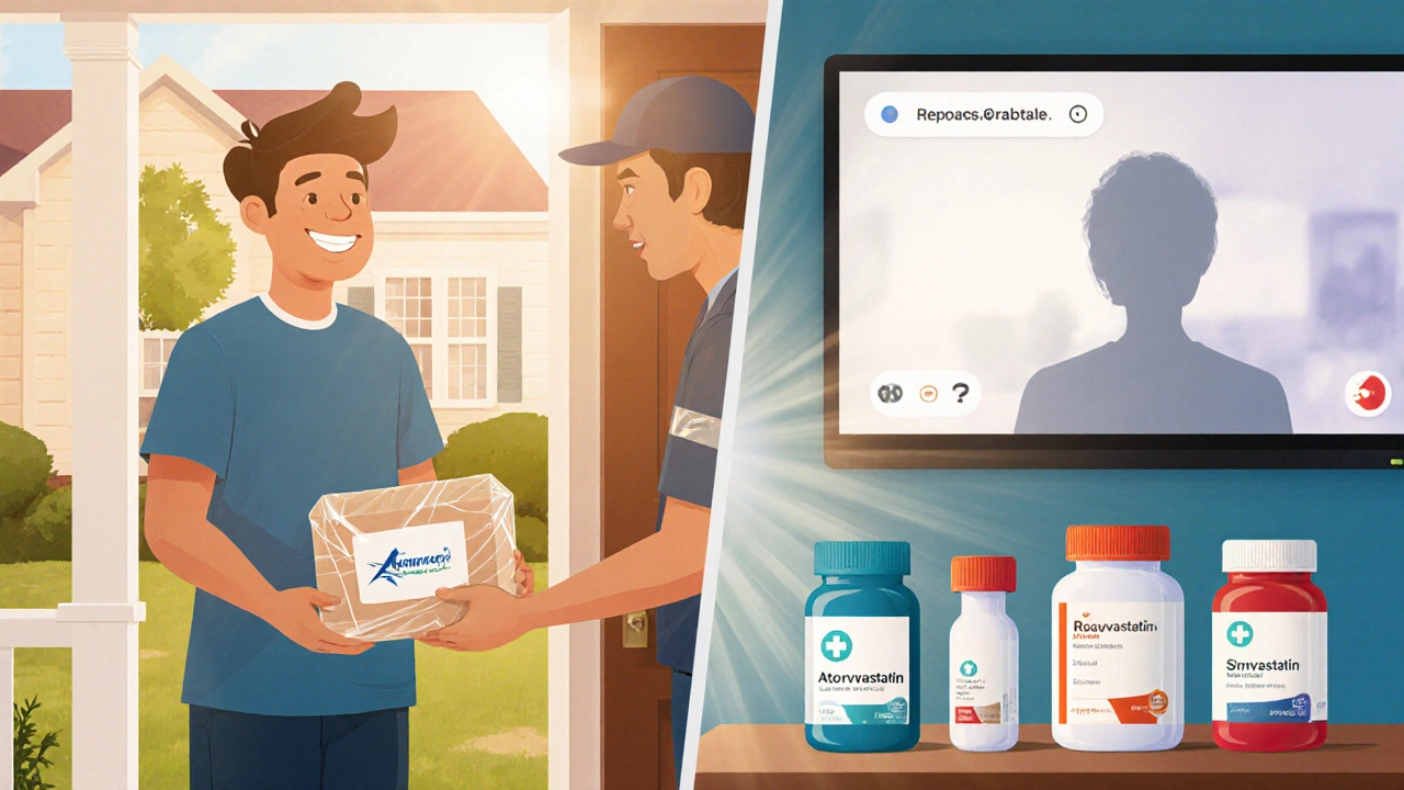Patient receives medication delivery while a video call with a doctor shows multiple statin bottles.