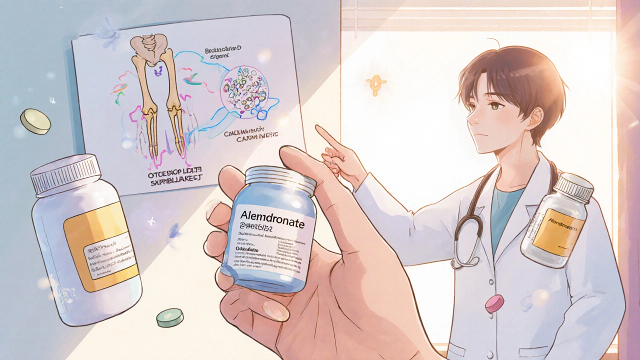 Patient taking alendronate tablet with calcium and vitamin D supplements, depicted in Korean webtoon illustration.