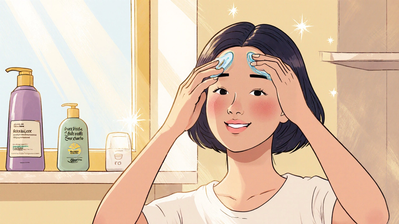 Person applying azelaic gel to scalp and face in a sunny bathroom, with gentle shampoo and sunscreen nearby.