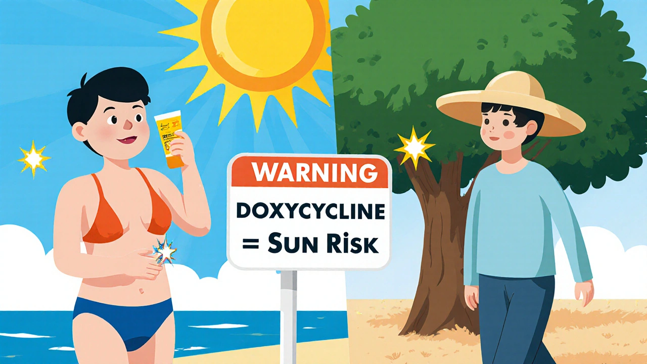 Person applying sunscreen and wearing protective clothing to avoid sun sensitivity from antibiotics.