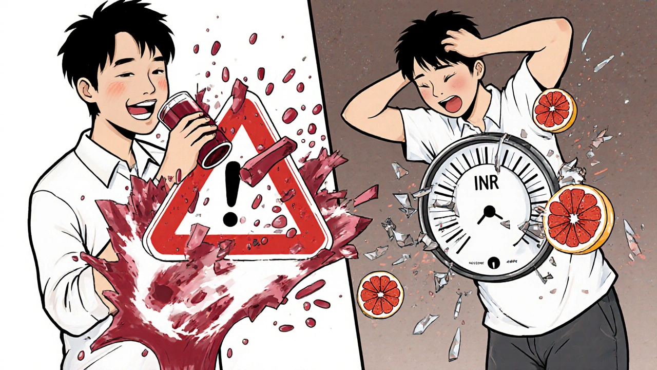 Person drinking cranberry juice as warning signs and INR meter shatter