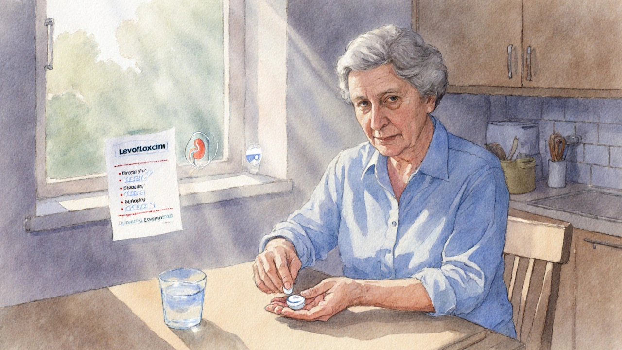 Person holding a Levofloxacin tablet at a kitchen table, with side‑effect icons nearby.