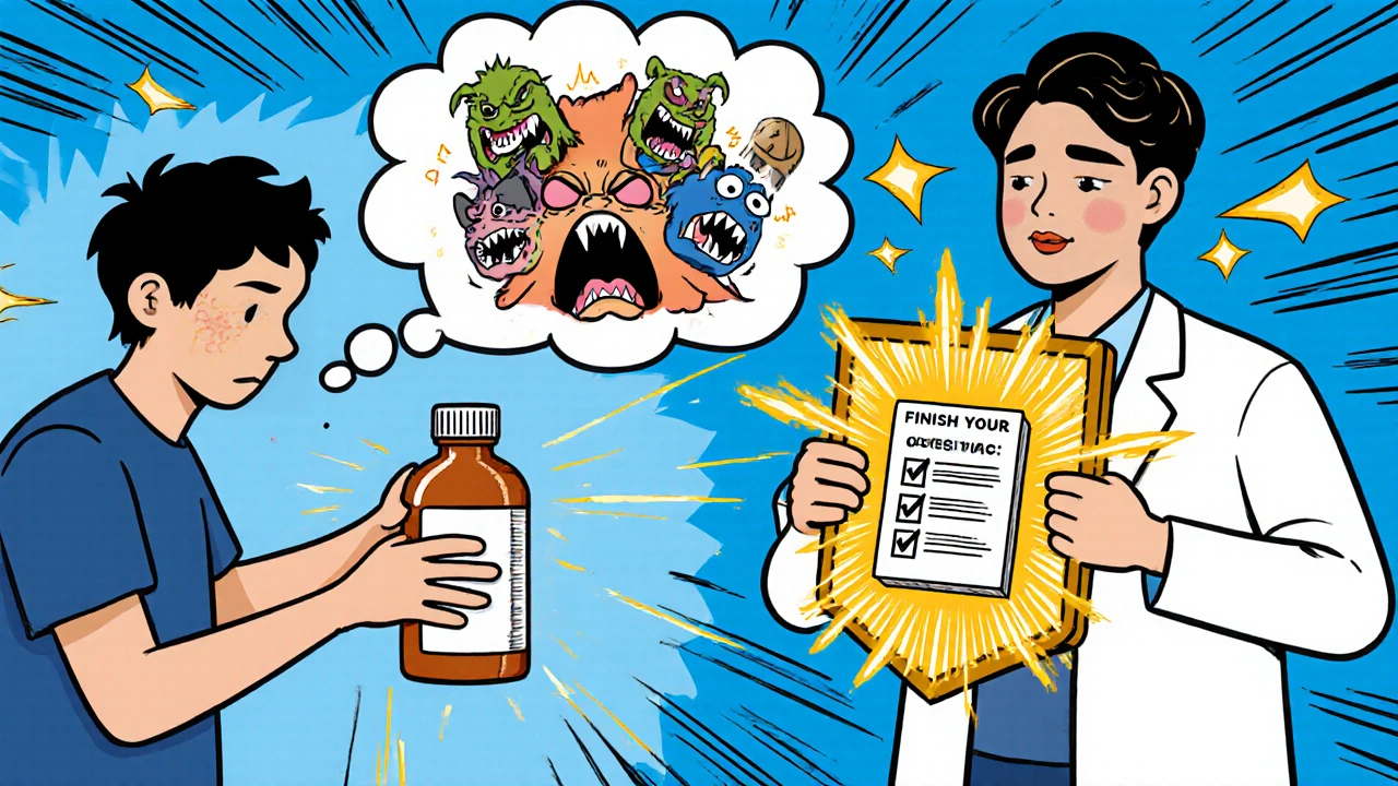 Person protected by probiotic shield from scary C. diff monsters while finishing antibiotic course.