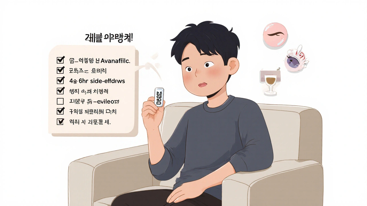 Relaxed man holds Avanafil pill with a checklist of benefits and safety icons nearby.