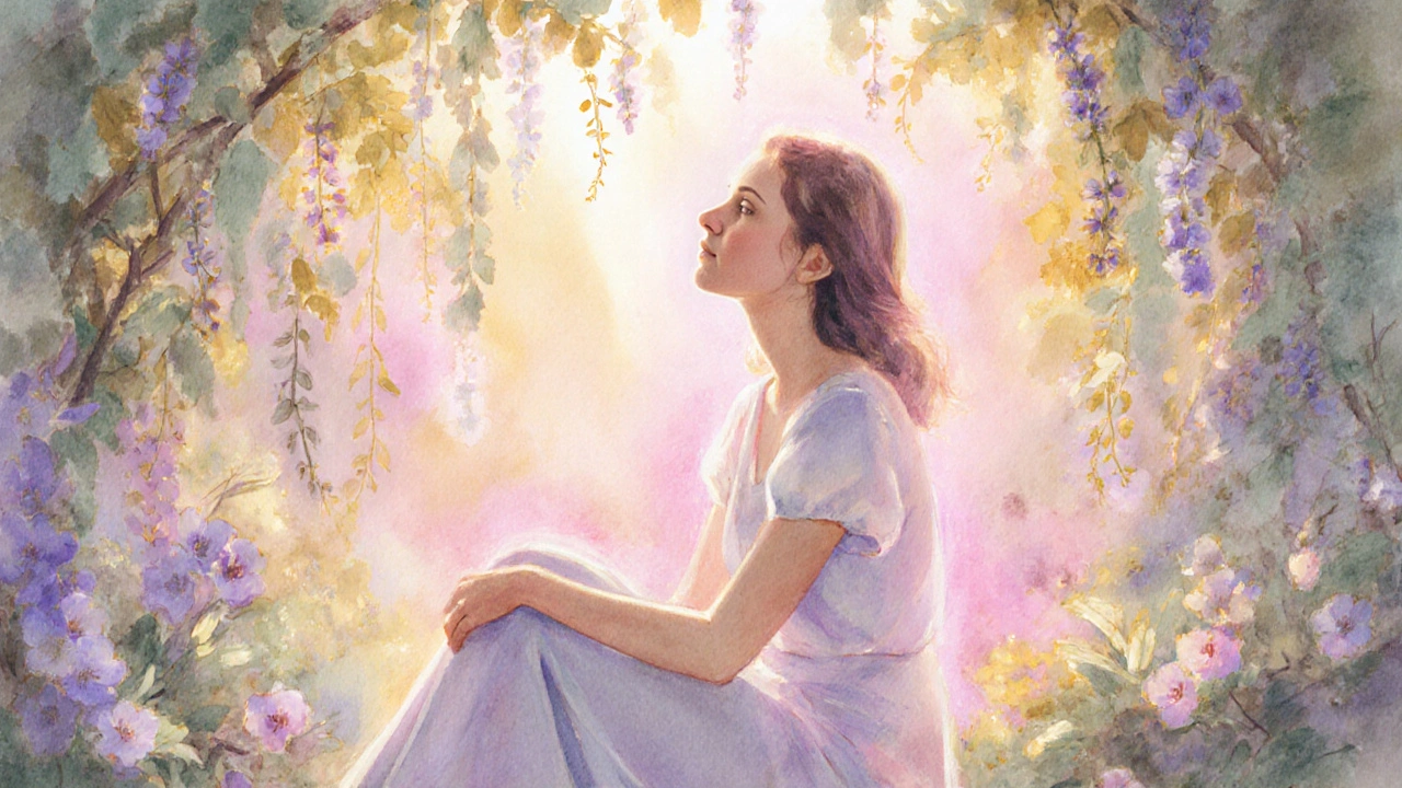 Relaxed woman in garden, radiating calm and balance.