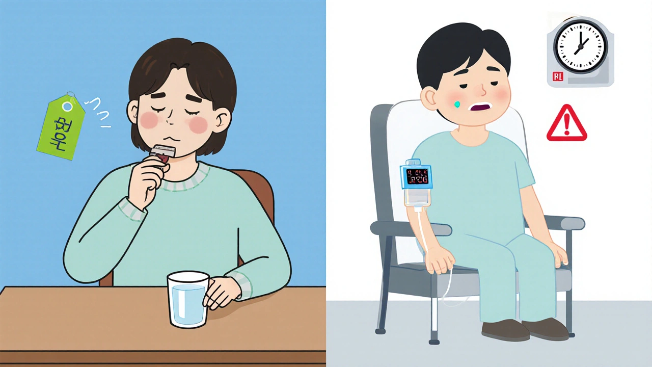 Side‑by‑side view of a patient at home swallowing a pill and another receiving IV infusion, illustrating treatment choices in webtoon style.