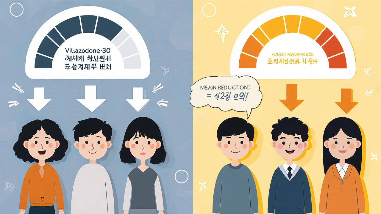 Split comic panel of patients on Vilazodone versus placebo with Y‑BOCS score changes.