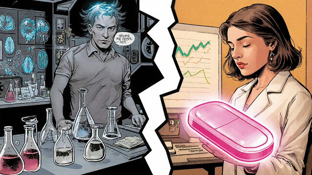 Split panel contrasting male erectile drug lab with female Flibanserin research scene.
