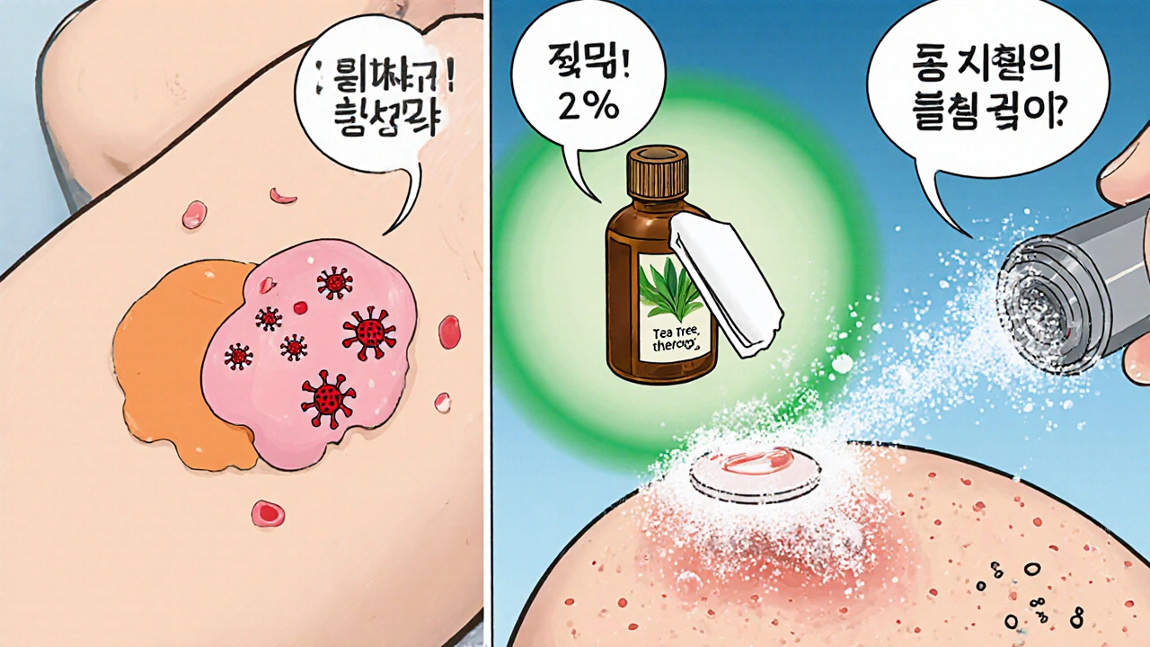 Split panel showing Podowart treating a wart versus salicylic acid patch, tea tree oil, and cryotherapy spray.