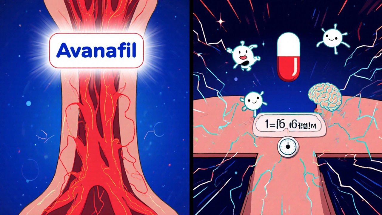 Split scene showing Avanafil expanding blood flow and Dapoxetine increasing serotonin at a synapse.