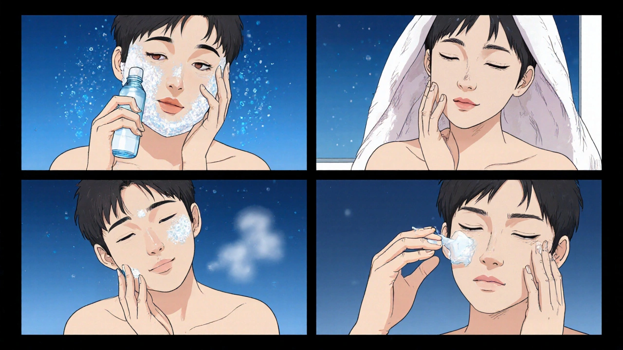 Step‑by‑step evening routine: cleansing, drying, applying pea‑sized benzoyl peroxide dots, then spreading gently.