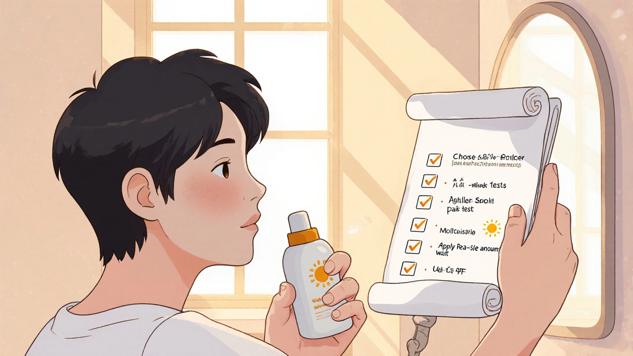 Teen checking clearer skin in mirror, holding sunscreen and a checklist of treatment steps.
