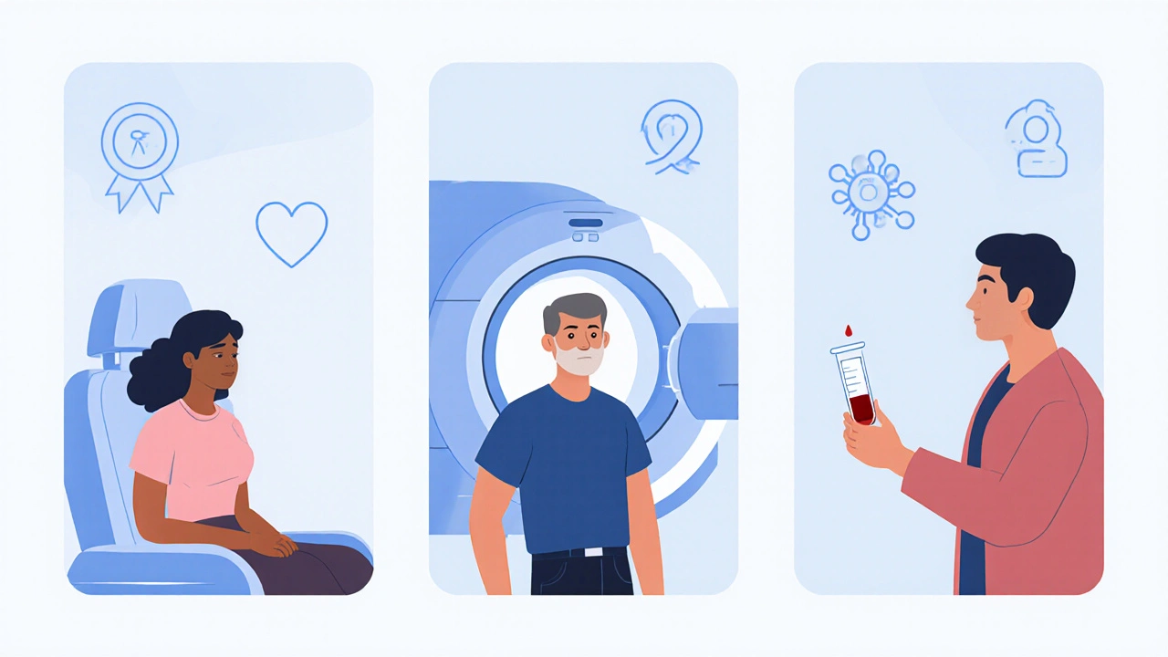 Three people receiving mammogram, low‑dose CT, and blood test in a medical illustration.