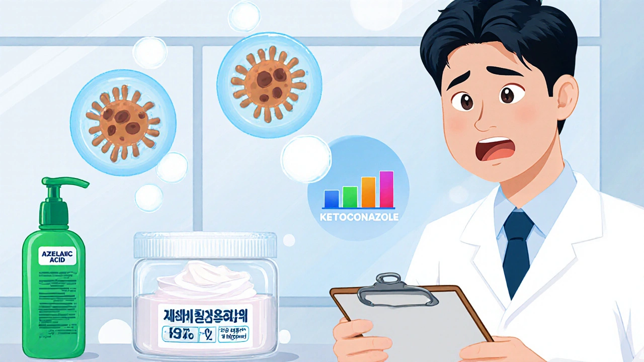 Webtoon lab scene showing a dermatologist comparing azelaic acid cream and ketoconazole shampoo against yeast cells.