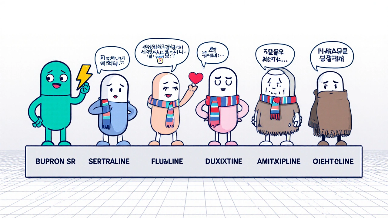Webtoon panel of cartoon pill characters comparing Bupron SR with other antidepressants.