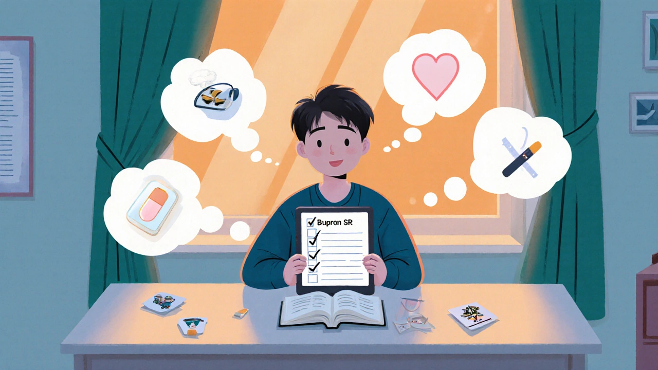 Webtoon scene of a person weighing factors before choosing Bupron SR.