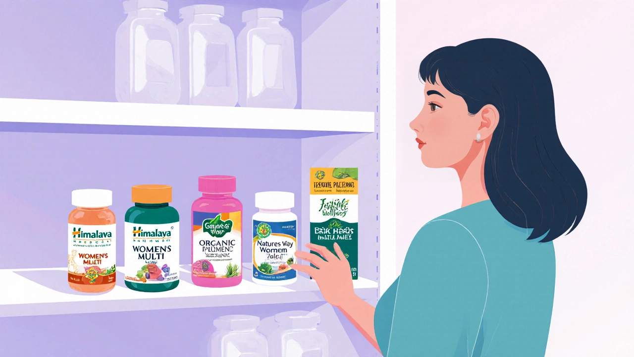 Woman browsing supplement bottles in a pharmacy aisle.