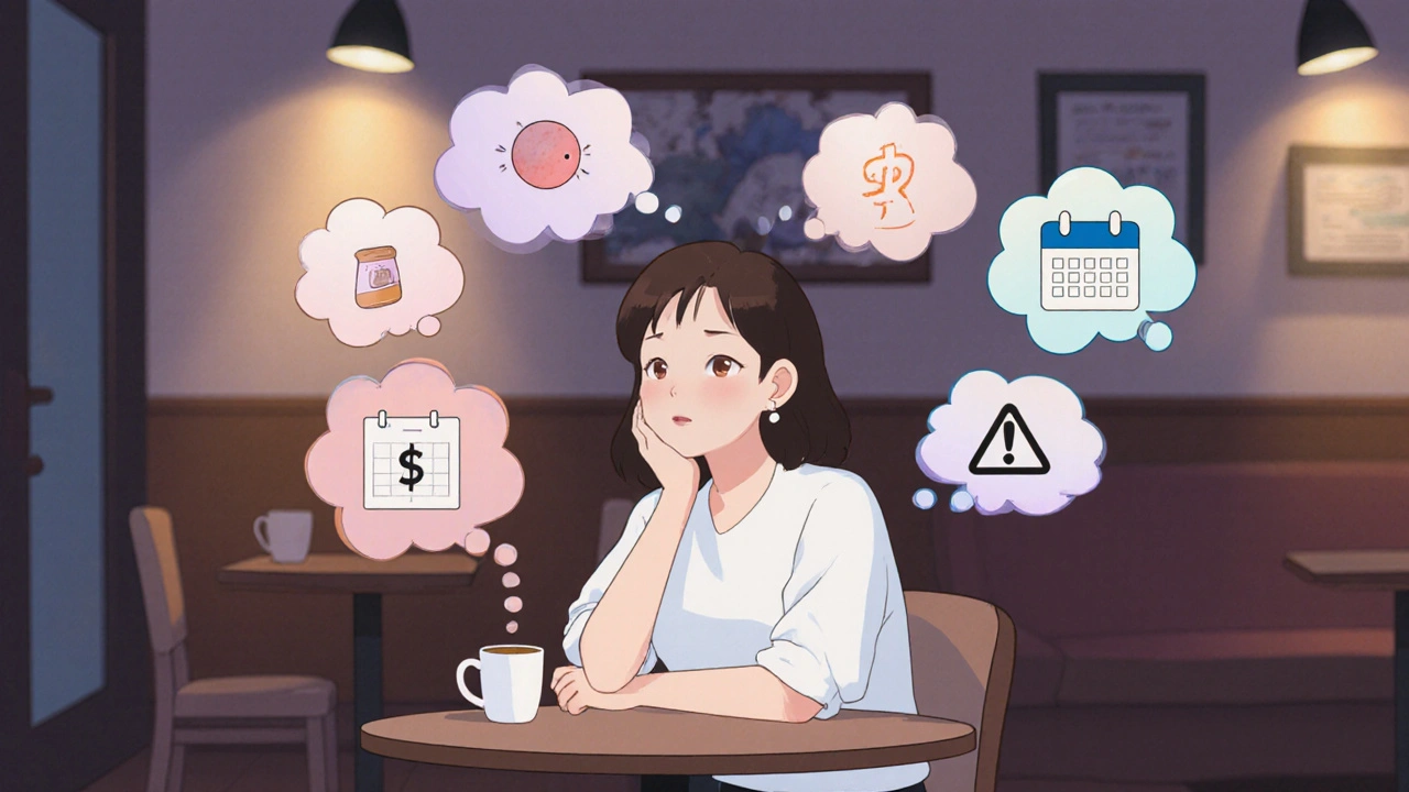 Woman weighing factors like acne, cost, and cycle length in thought bubbles.