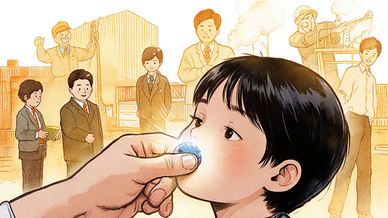 A child takes a generic pill as glowing figures work together to improve global health access.