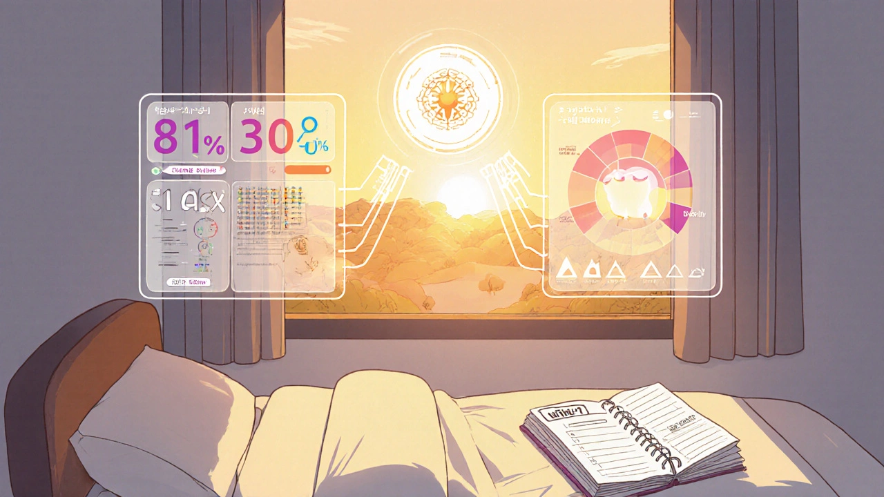 A futuristic medical dashboard displays patient vitals as sunlight shines through a window onto a symptom journal.