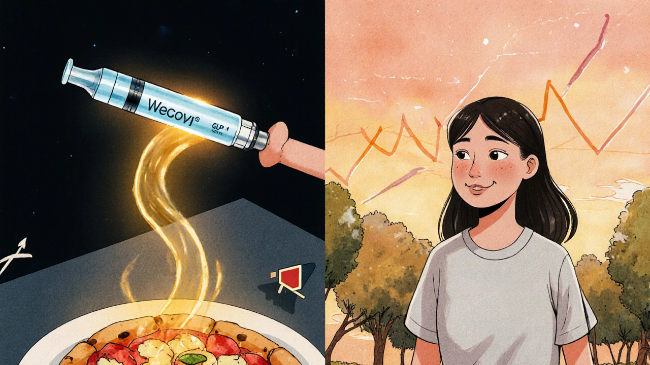 A glowing Wegovy injection with a hormone wave calming hunger, shown in vibrant Korean webtoon art.