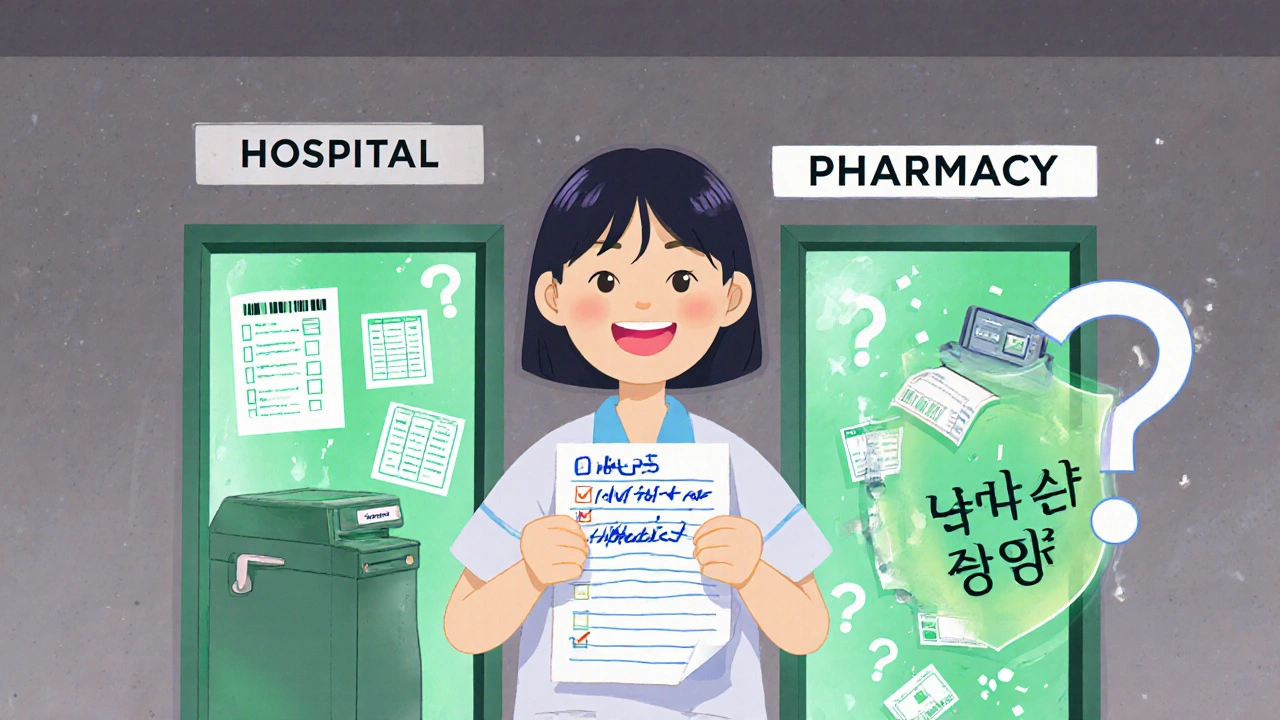A patient holds a medication list between hospital and pharmacy doors, with safety questions glowing around them.