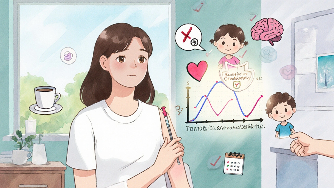 A patient receiving a quick HER2-targeted injection in a sunny clinic, with hopeful symbols floating around her.