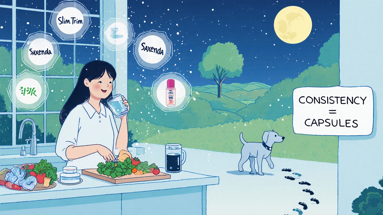 A person cooking vegetables and walking a dog, with crumbling weight loss pills above, in soft Korean webtoon style.